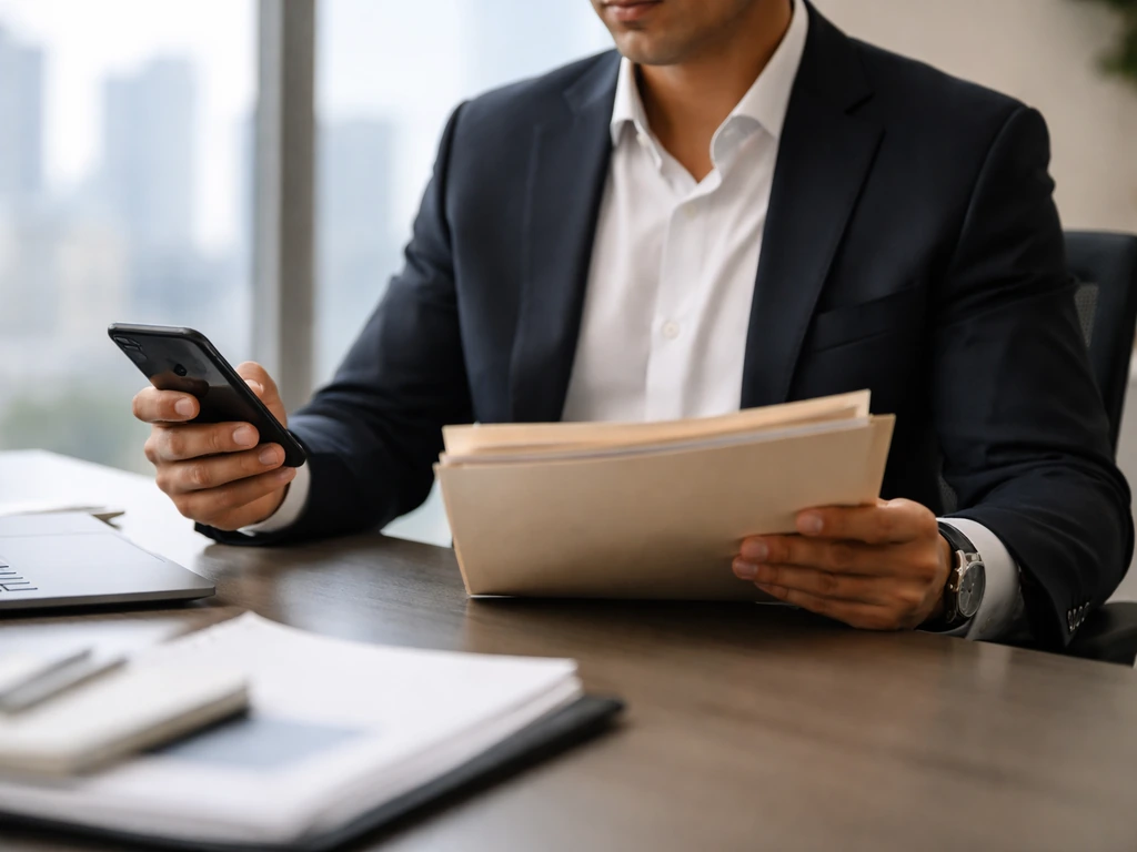 Anonymous finance executive at a desk reviewing documents, suggesting CFO identity verification without showing faces.