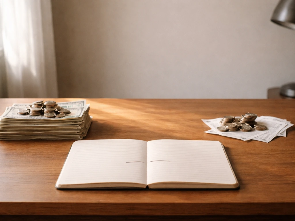 Simple scene showing money concept: coins and a notebook with an assets-minus-liabilities feel