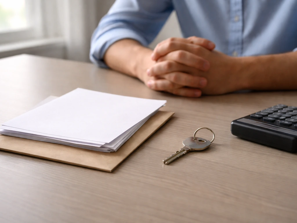 Dim office desk with scattered documents, a sealed envelope, and a small mortgage-like house key—symbolizing uncertain l