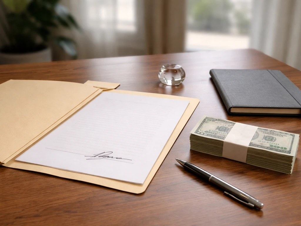 Minimal office desk with a folder, blank signed loan document, and banded cash implying a $50,000 loan transaction.