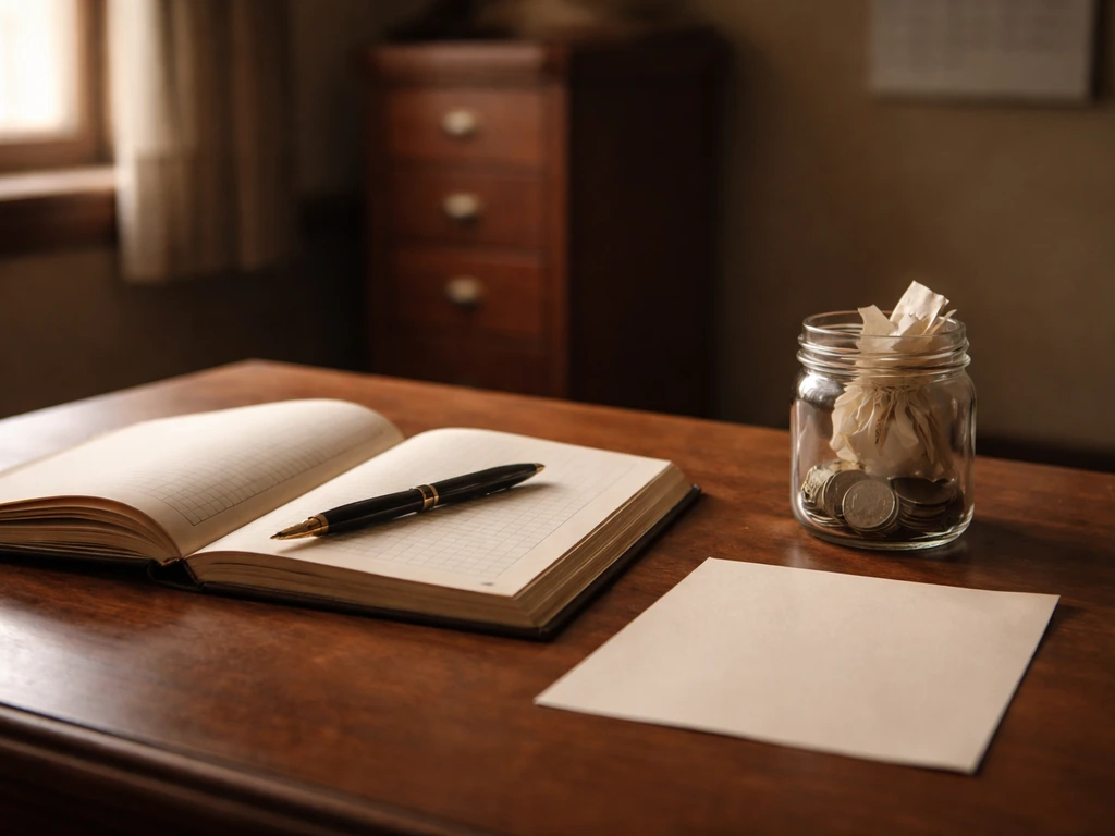 Minimal office desk with a small jar of coins and ledger, suggesting modest early investment inflows.