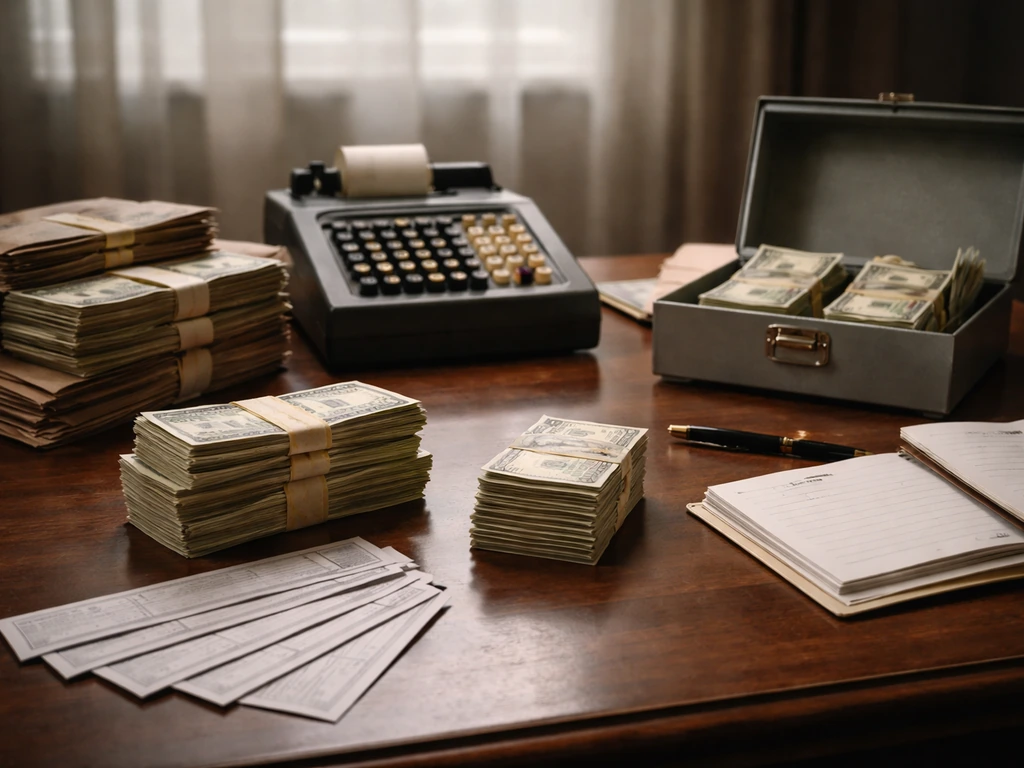 Minimal photo of a banker’s desk with cash and a single ledger showing overflowing money notes and urgent payments