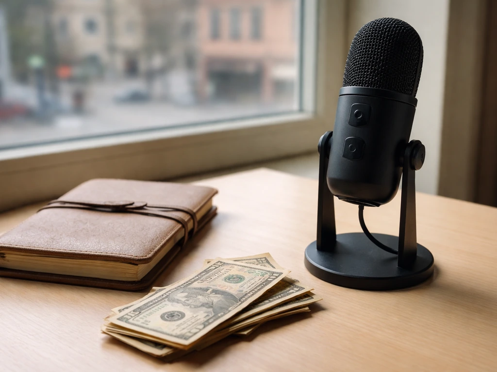 Minimal desk scene with vintage notebook, scattered banknotes, and a microphone near a window view.