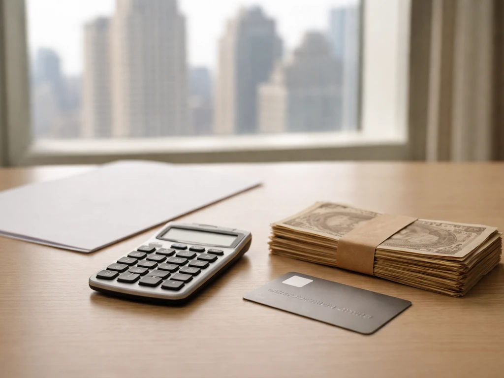 Minimal desk scene with calculator and old banknotes beside modern payment card in natural light.
