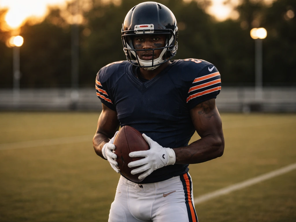 NFL cornerback wearing a vintage Chicago Bears-style jersey and helmet on a quiet practice field