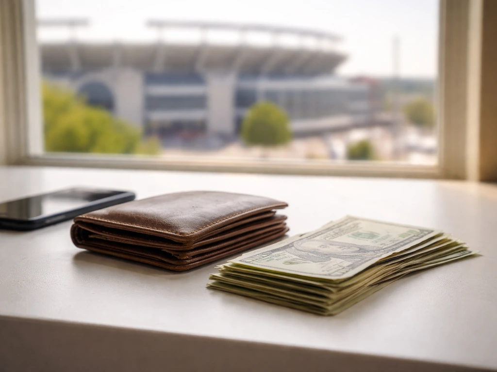 Wallet and cash on a desk by a window with a blurred stadium, symbolizing changing earnings over time.