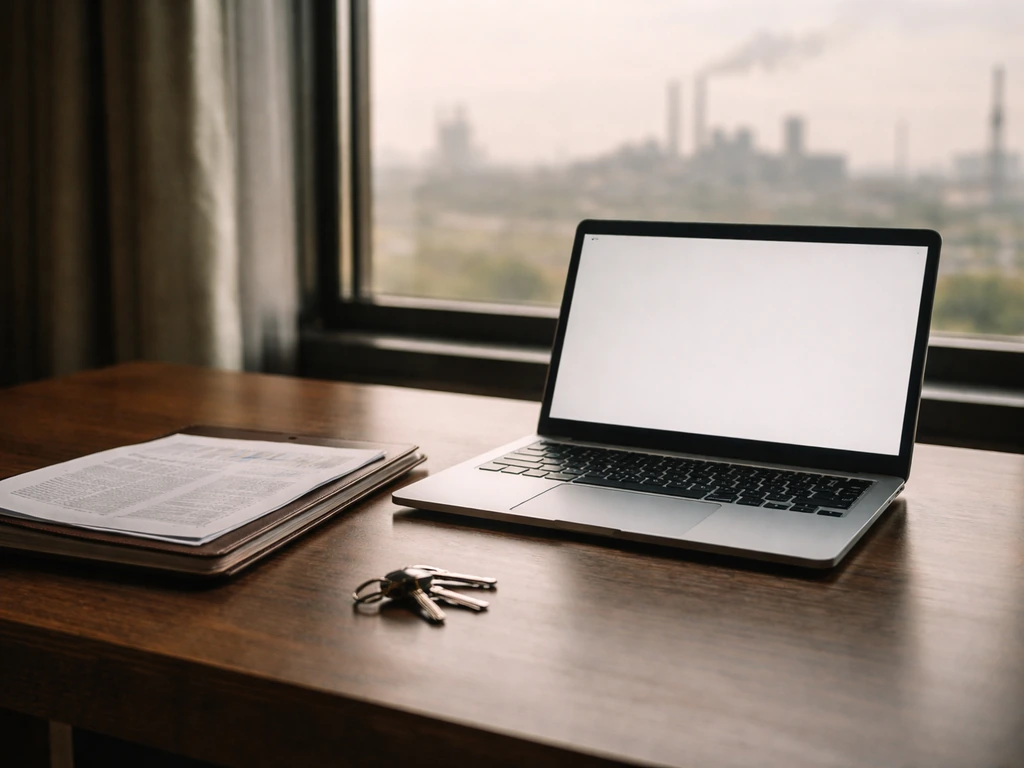 Minimal close-up of a founder’s desk with a laptop, factory keys, and documents beside a city skyline view.