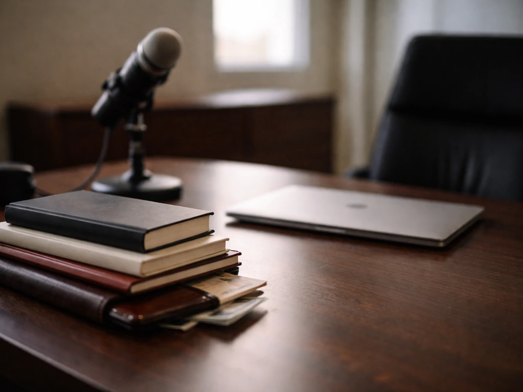 Close-up of a media executive’s desk with a microphone and cash-themed details, symbolizing entertainment wealth