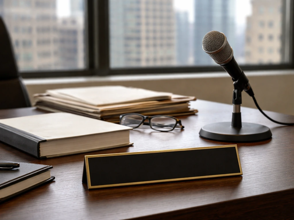 Minimal publishing office desk with manuscript, microphone, and blank nameplate hinting at an entertainment executive.