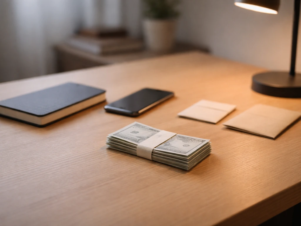 Minimal photo of a desk with a closed notebook and a few cash bills beside a smartphone, symbolizing a money estimate ra
