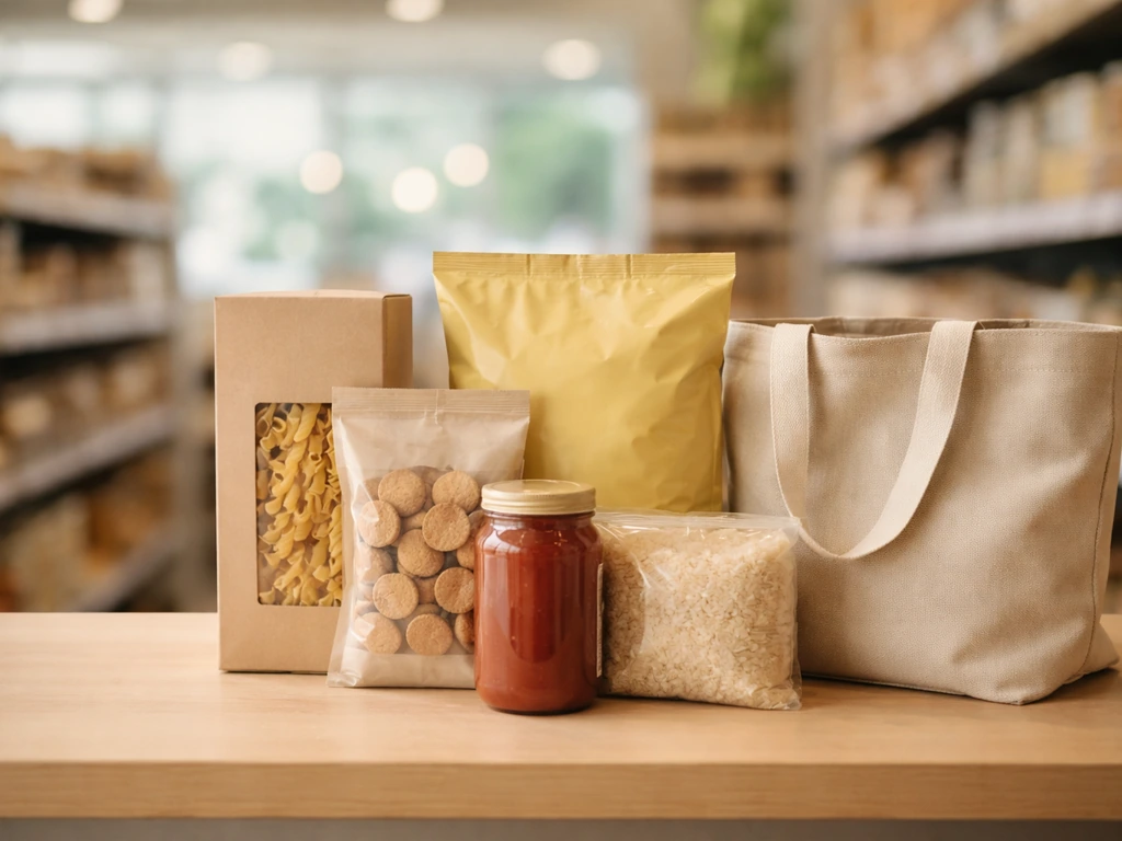 Minimal retail display with simple packaged food items for a co-branded comfort-food brand.