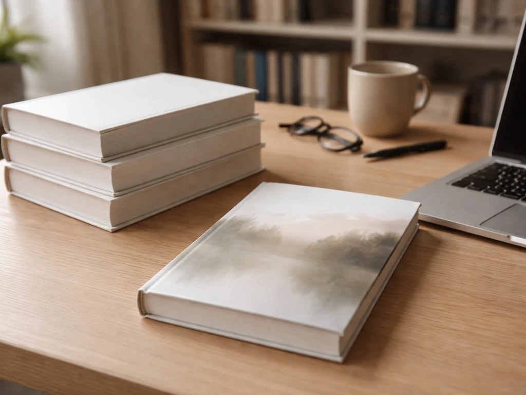 Hardcover books on a desk in a quiet publisher office, soft background blur, natural light.