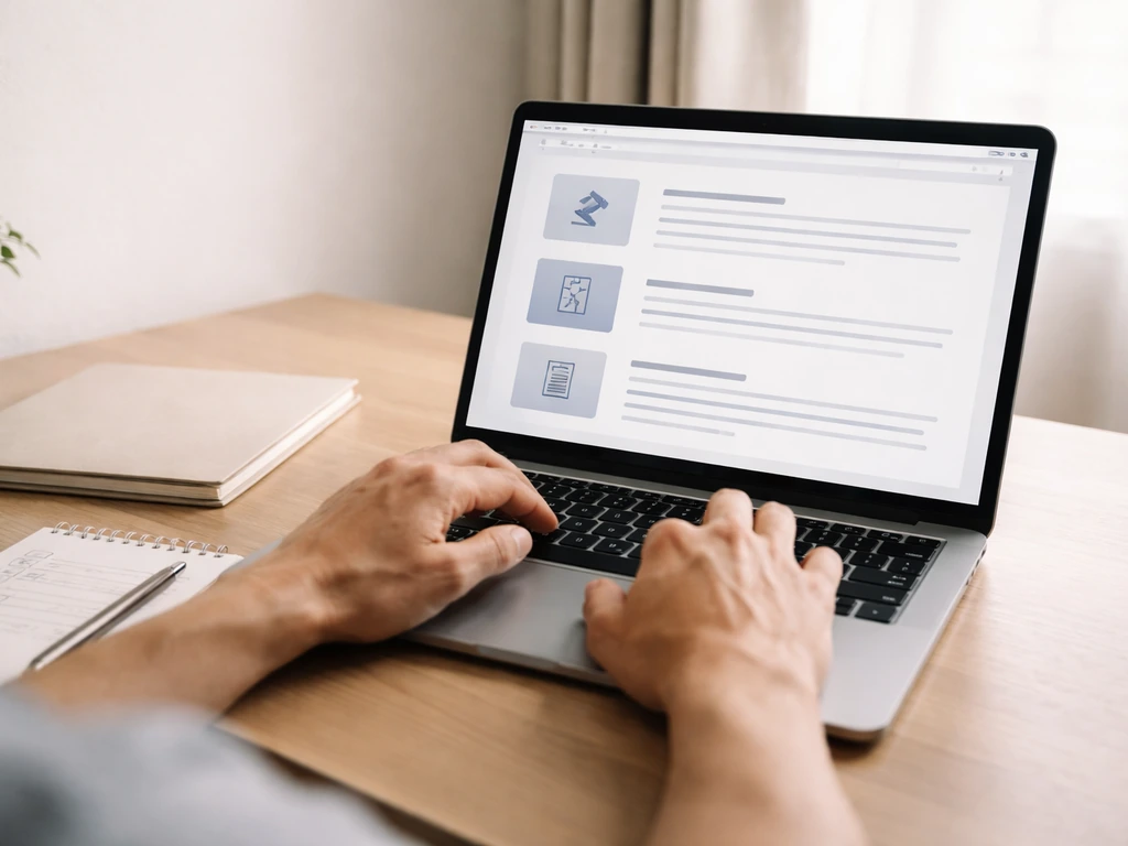 Hands research on a laptop at a desk with a blank checklist and notepad in natural light.
