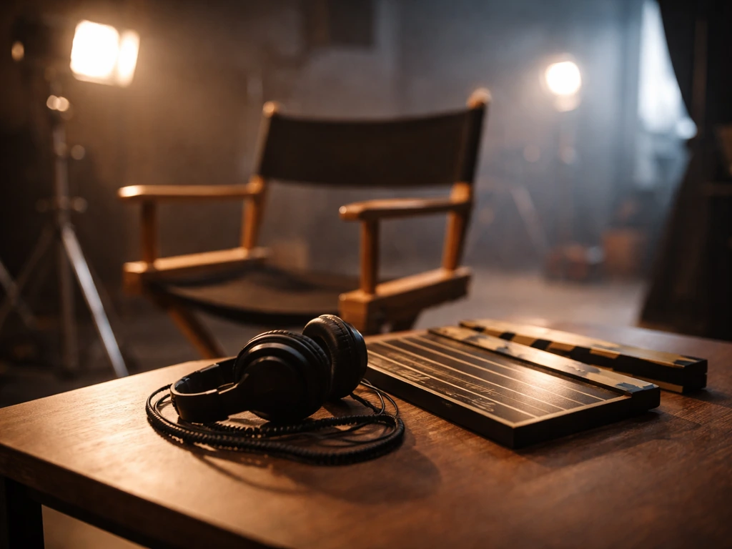Minimal studio desk scene with clapperboard and headset, symbolizing entertainment and wealth.