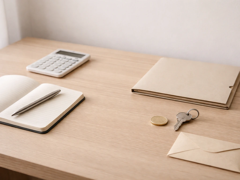 Minimal desk scene with calculator, keys, coin, and envelope symbolizing assets and liabilities.