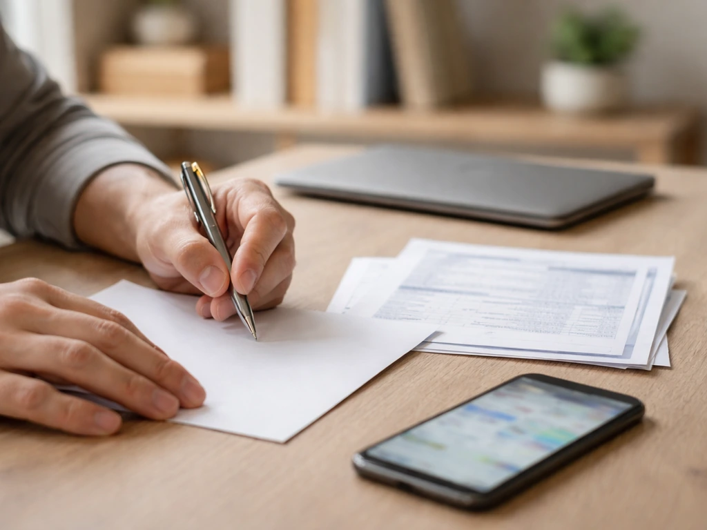 Minimal photo of a home office desk with documents, a pen, and a smartphone showing account-style screens.