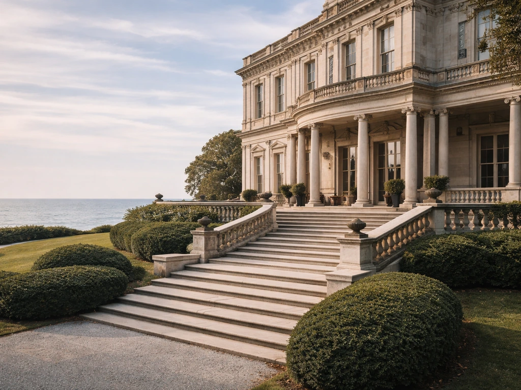 Elegant Newport estate exterior with grand stone steps and manicured landscaping, no people.