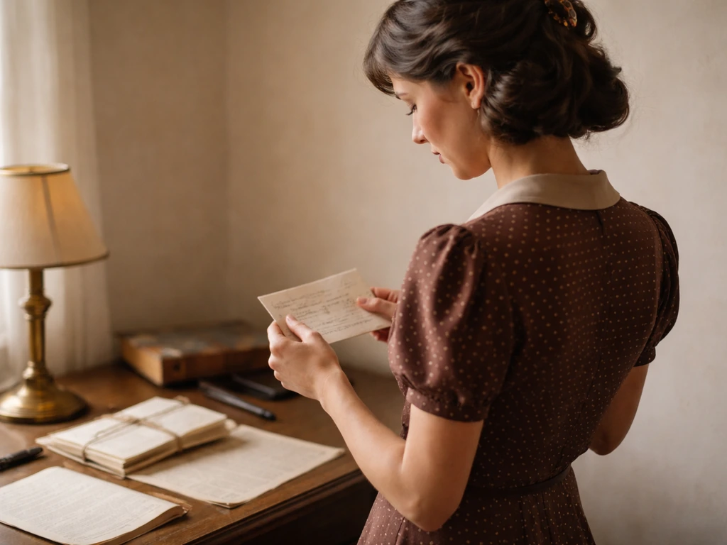 Anonymous woman in vintage clothing at a desk holding an envelope, suggesting historical name records.