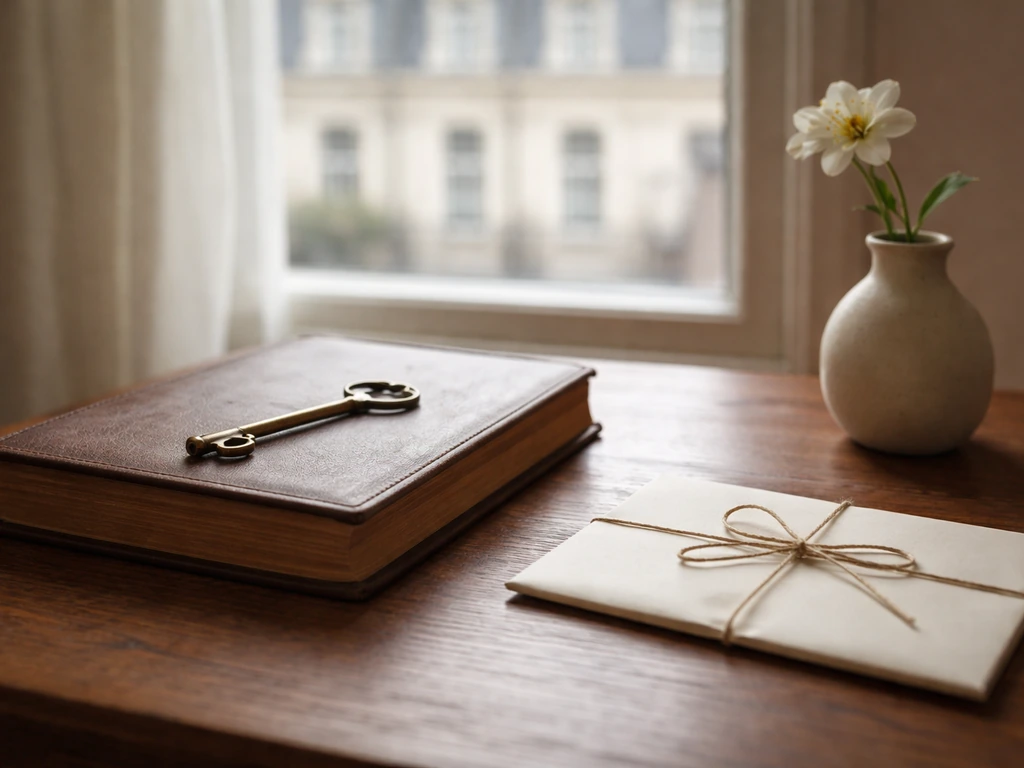 Vintage ledger, bronze key, and tied letter on a wooden desk with blurred historic buildings outside.
