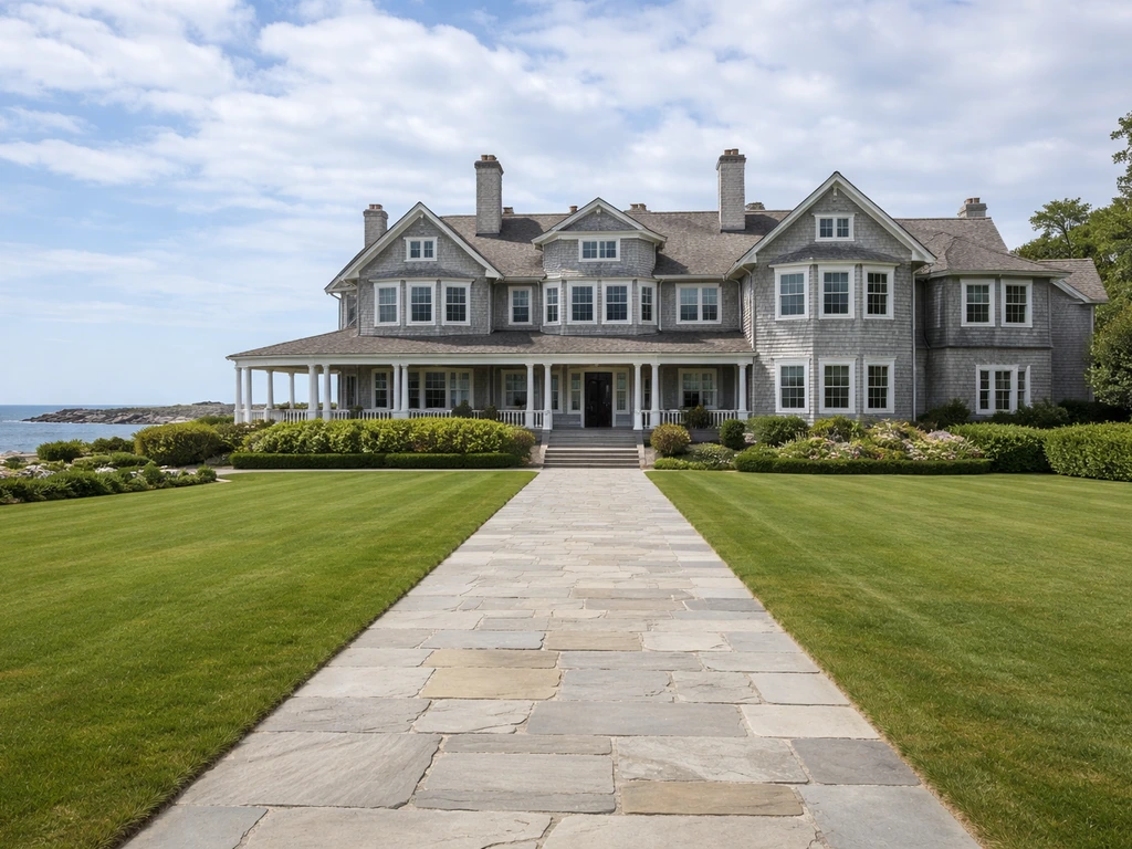 Historic Newport estate exterior with lawn and ocean view at Land’s End, Rhode Island.