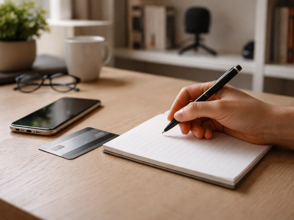 Hand holding a pen over a simple notepad next to a smartphone and credit card in a tidy desk scene
