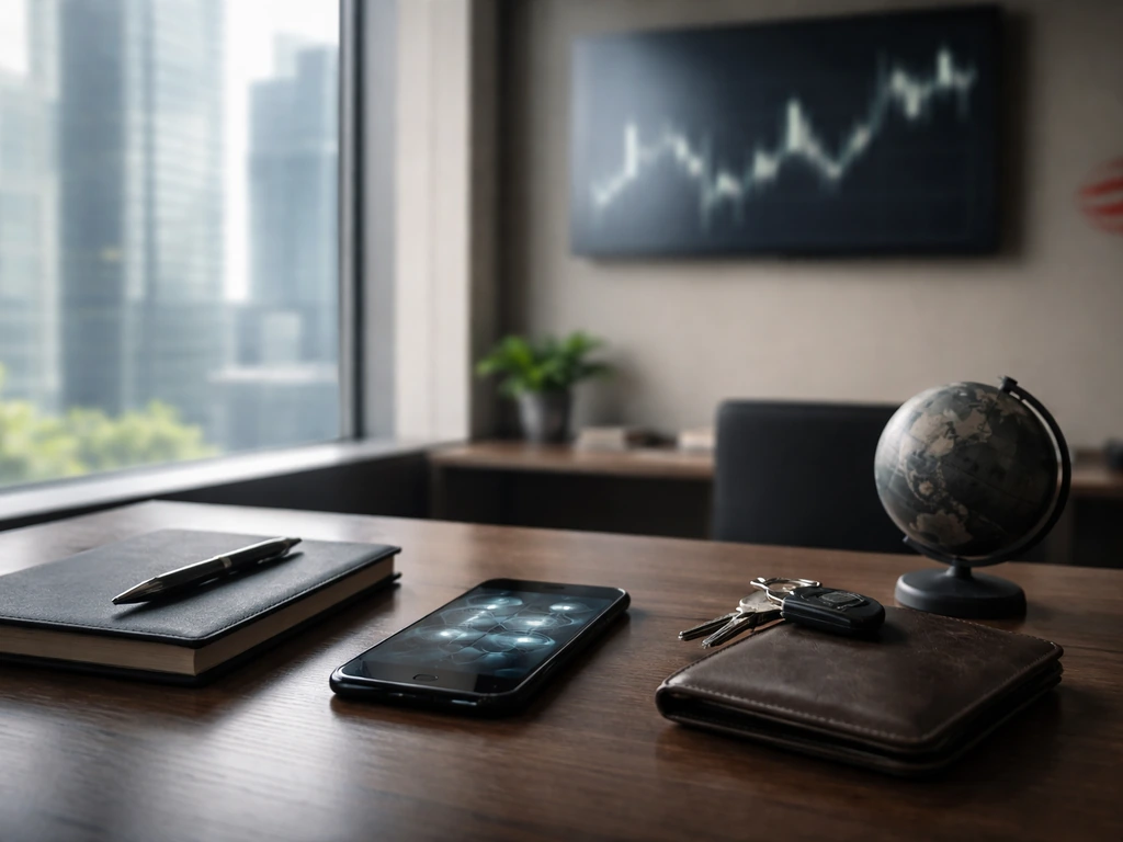 Minimal office desk with finance tools and blurred corporate setting suggesting due diligence and wealth verification