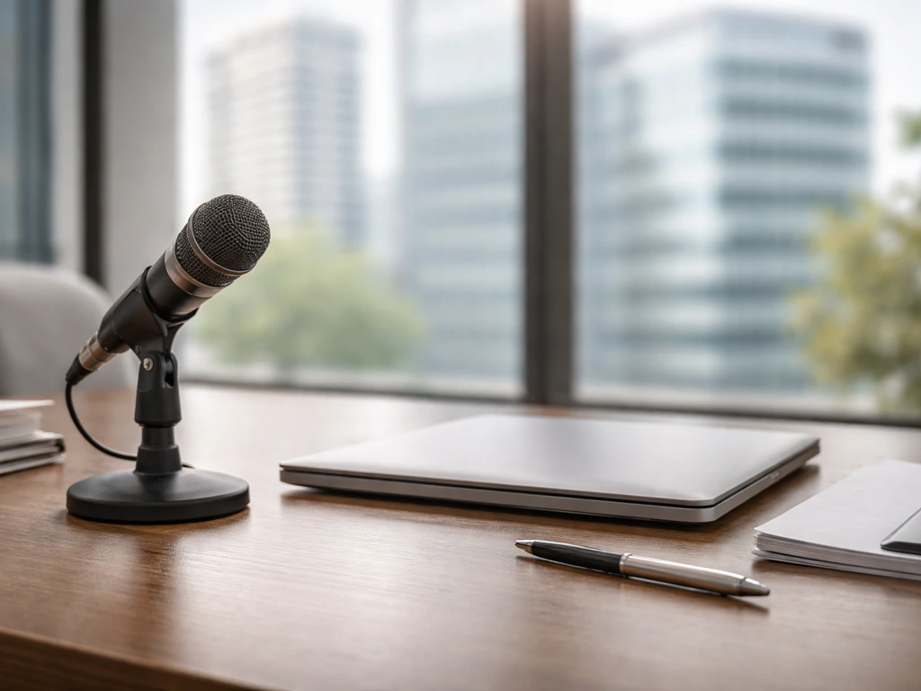 Minimal corporate desk with a microphone and laptop, suggesting executive planning and public company research.