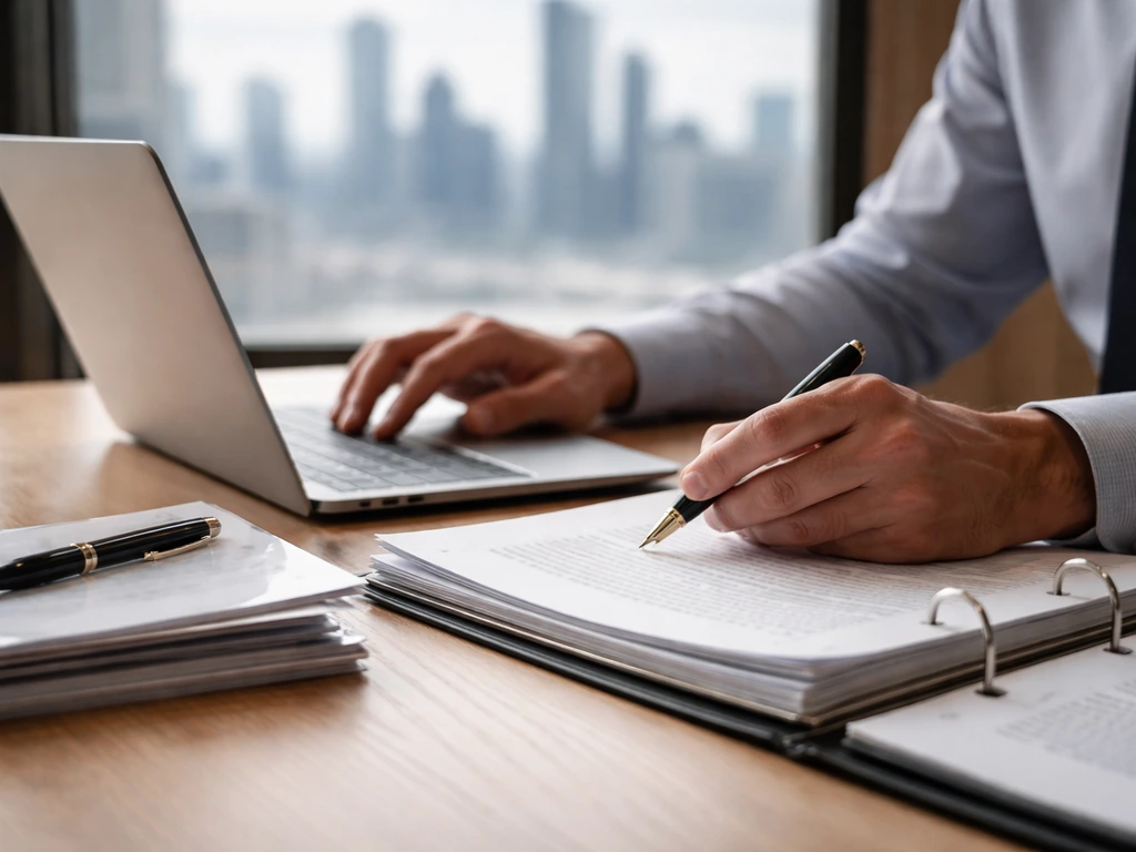 Hands at a desk reviewing blank legal documents and a laptop for insider-share calculation method.