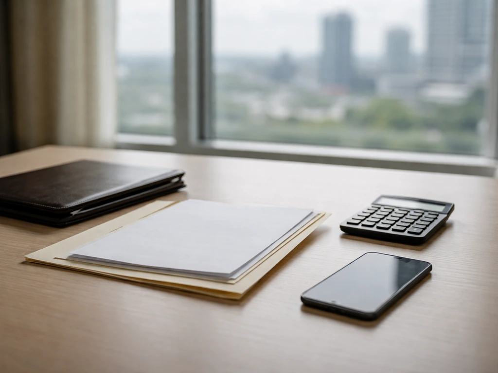 Minimal office desk with blank documents, calculator, and smartphone, symbolizing net-worth verification