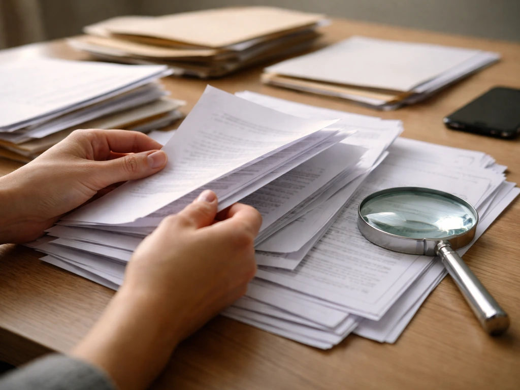 Hands sorting documents and a magnifying glass over scattered files suggesting confusion in name lookups.