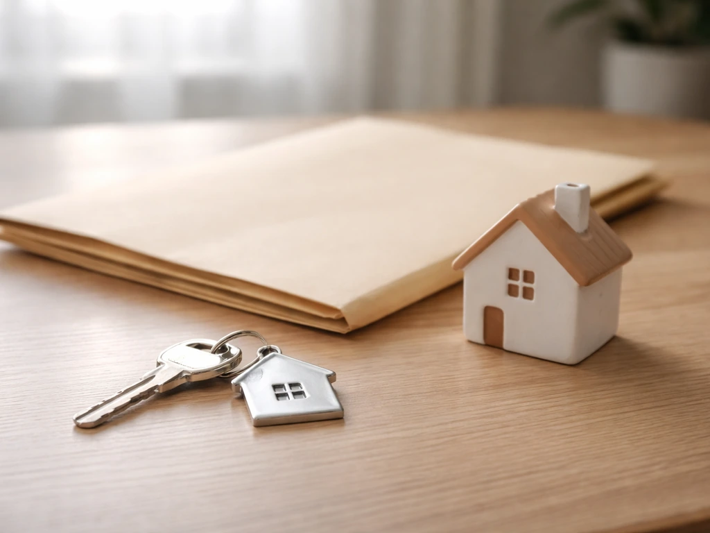 Minimal desk scene with a house key and folder beside a closed envelope labeled only by color, suggesting real estate an