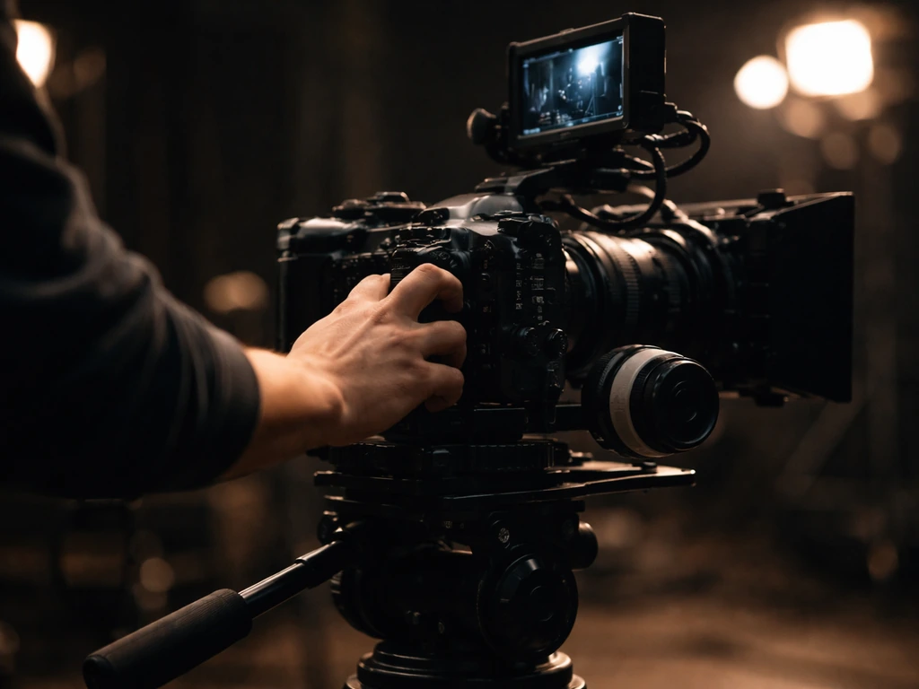 Close-up of a film director’s hand adjusting a studio camera rig beside a soft-lit cinema set