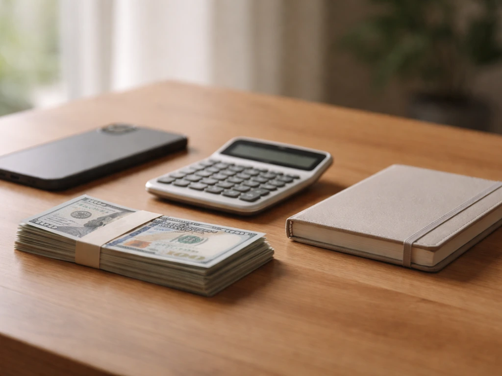 Minimal finance-themed desk scene with a calculator, cash, and a smartphone, symbolizing a net worth estimate.