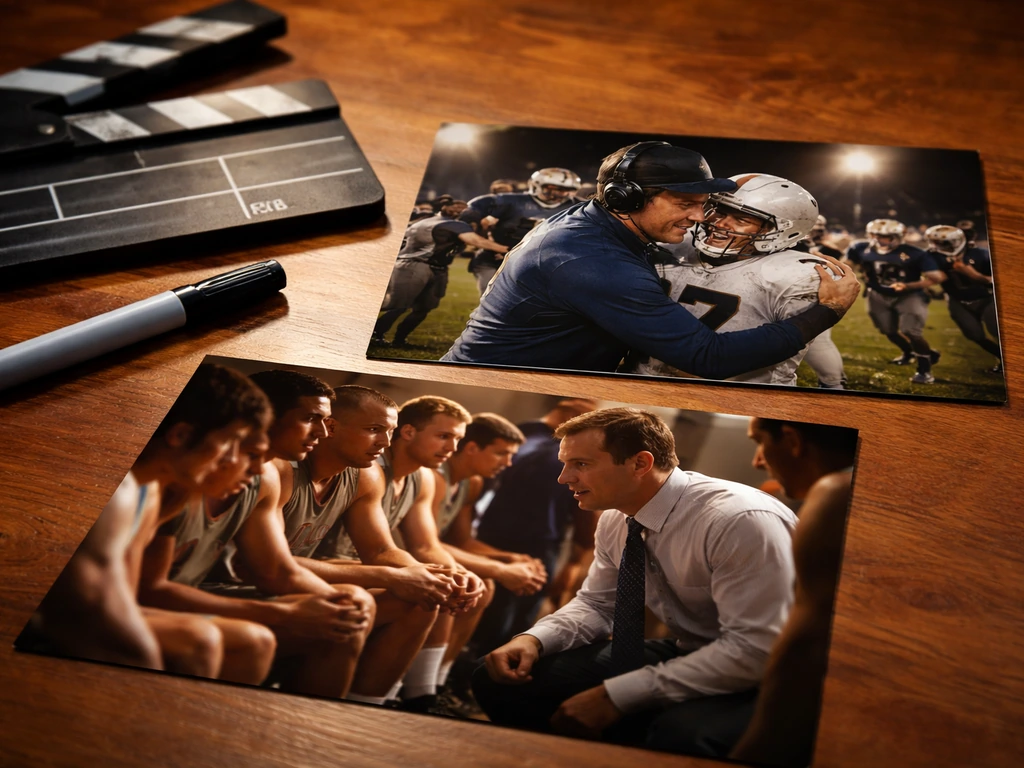 Movie stills and a clapperboard on a wooden table, evoking feature film directing fees.