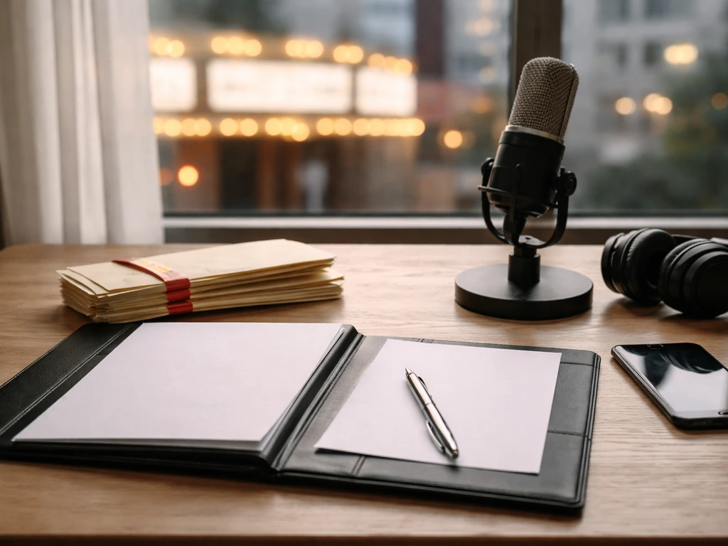 Minimal desk scene with an open folder, blank pages, and recording gear suggesting royalties and residuals