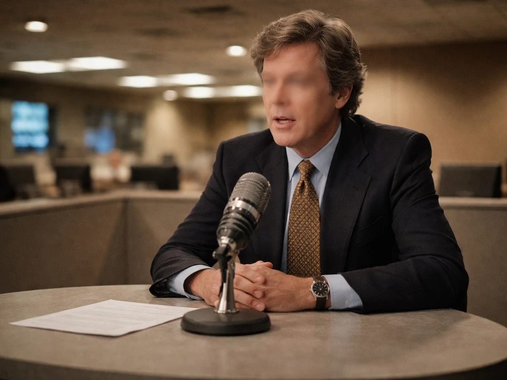 Anonymous TV news host speaking into a vintage studio microphone in a quiet broadcast setting.