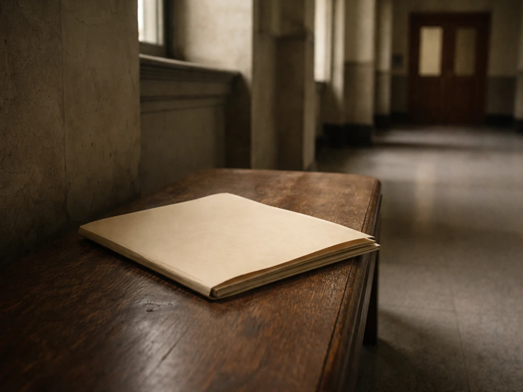 Montana courtroom hallway with a sealed case file folder on a wooden bench, archival tone