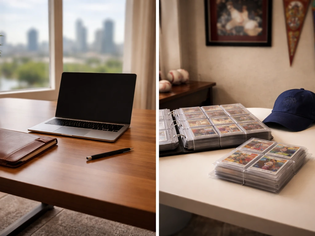 Split-screen of two minimal desk scenes: investing tools on one side and sports card collectibles on the other.