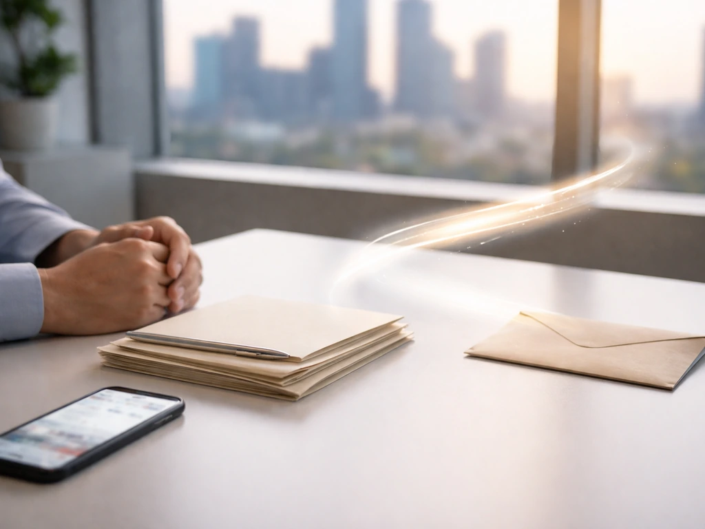 Anonymous hands on a desk with financial folders, a subtle light-flow suggesting AUM-to-advisory fees.
