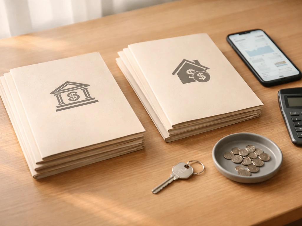 Minimal photo of a desk with folders of assets and a calculator beside loan documents, symbolizing included vs missing e