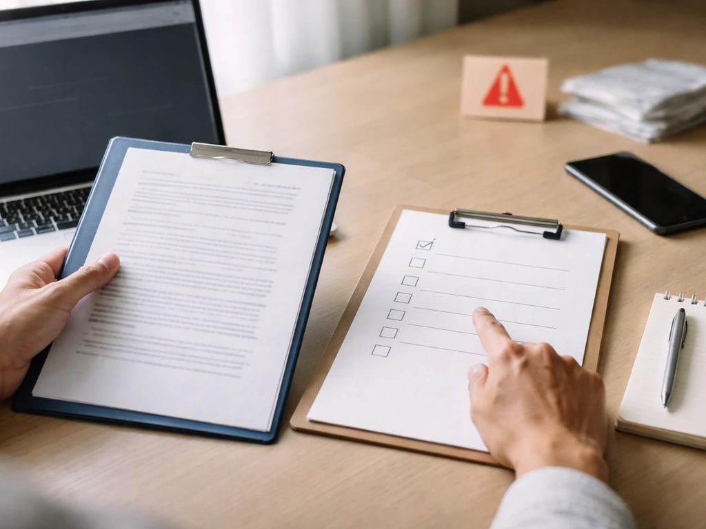 Hands comparing financial paperwork on a desk with a checklist and laptop, no readable text.
