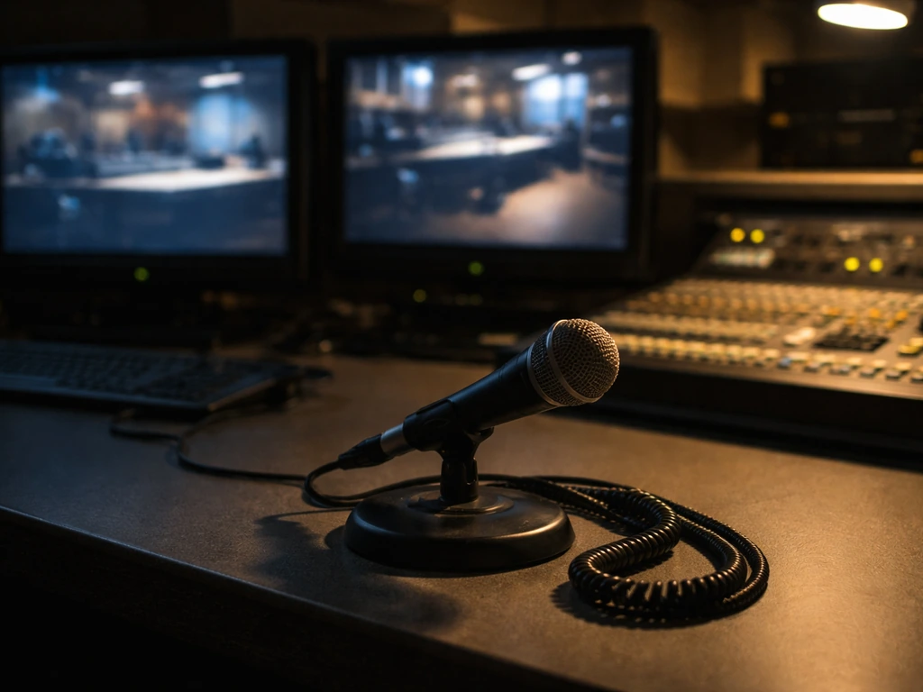 A dim TV studio control room with monitors and a coiled microphone cable, suggesting a broadcast production setting.