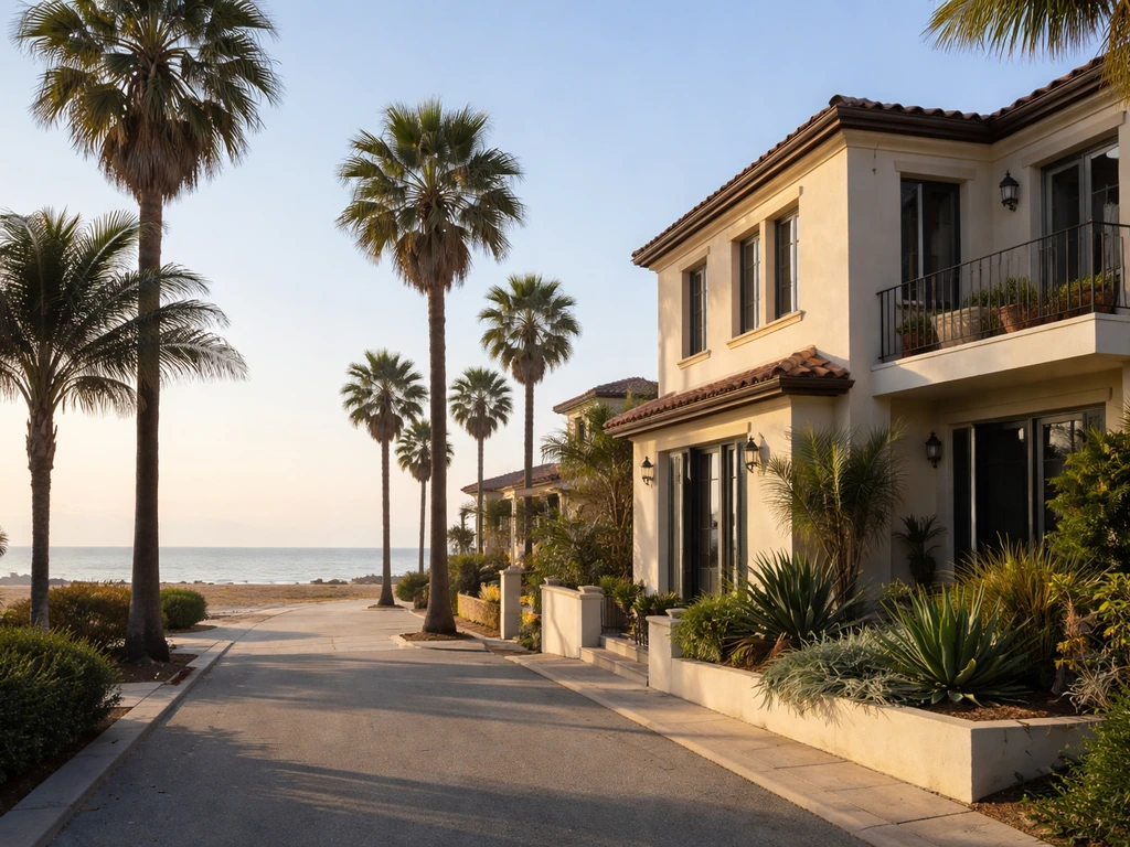 Sunlit Hermosa Beach coastal neighborhood exterior with a stucco home and distant ocean shimmer.