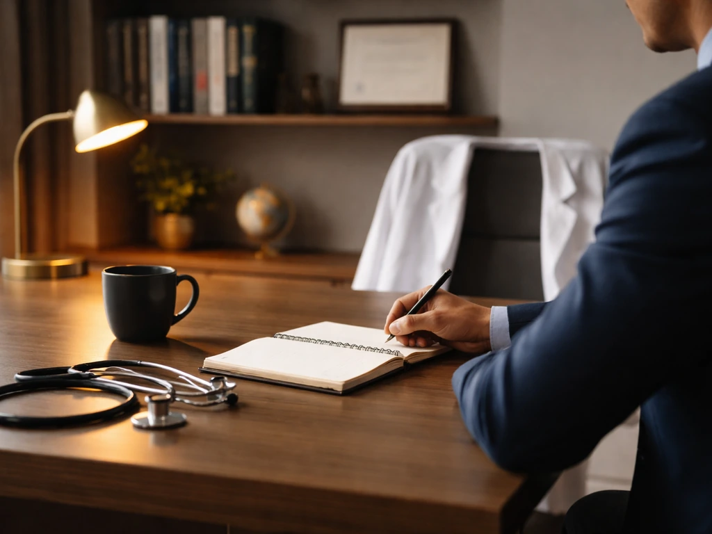 Anonymous researcher in a modern office with medical and finance cues, suggesting Dr. Nenner’s market-cycle work.