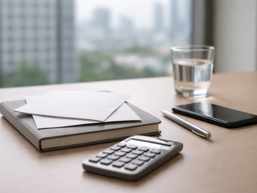 Minimal desk scene with scattered documents, a calculator, and a smartphone beside a glass skyline view