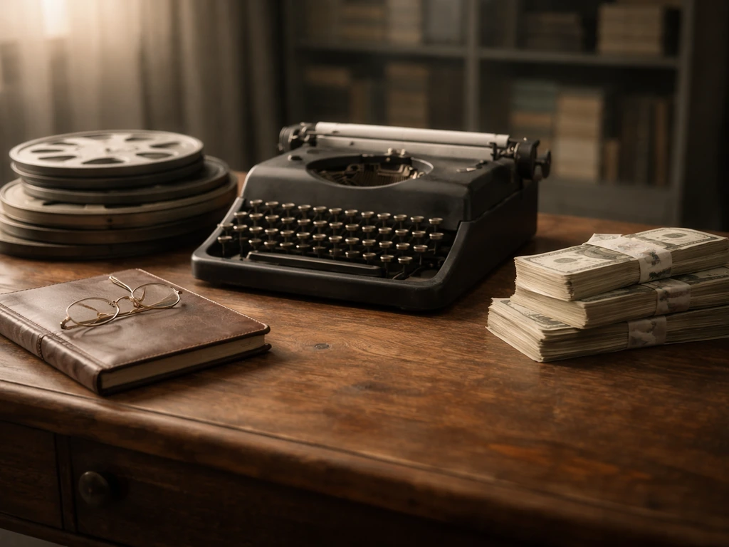 Minimal film-and-money inspired scene: vintage typewriter, cash-like props, and old reels on a desk