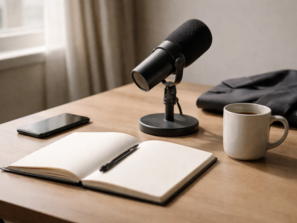 Minimal desk with microphone, blank notebook, and coffee mug near a window, symbolizing net-worth research