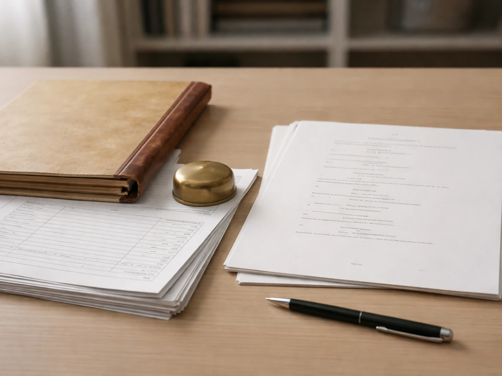 Screenplay page and residuals/royalty paperwork on a desk beside an old Hollywood production folder.