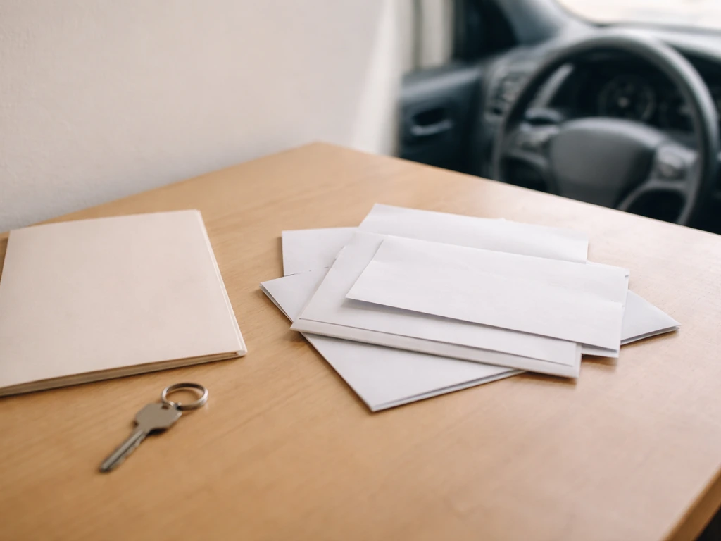 Minimal still-life showing empty real-estate folder, plain keyring, and blurred finance/vehicle items to suggest unverif