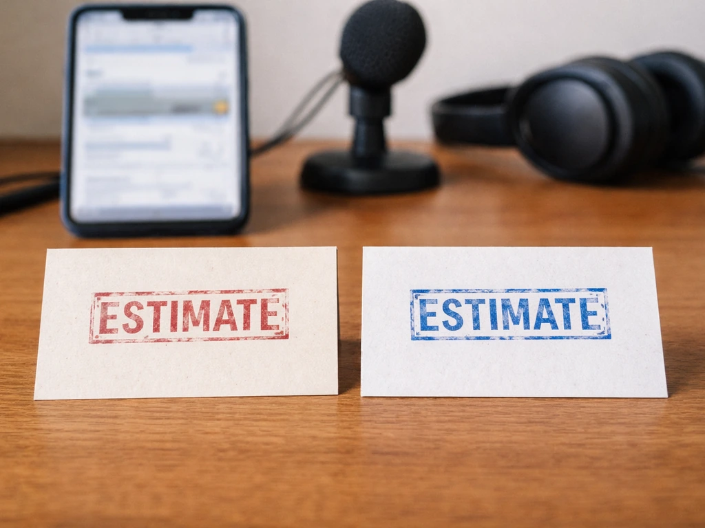 Two generic estimate cards with different tones on a desk beside a phone and media gear, symbolizing differing figures.